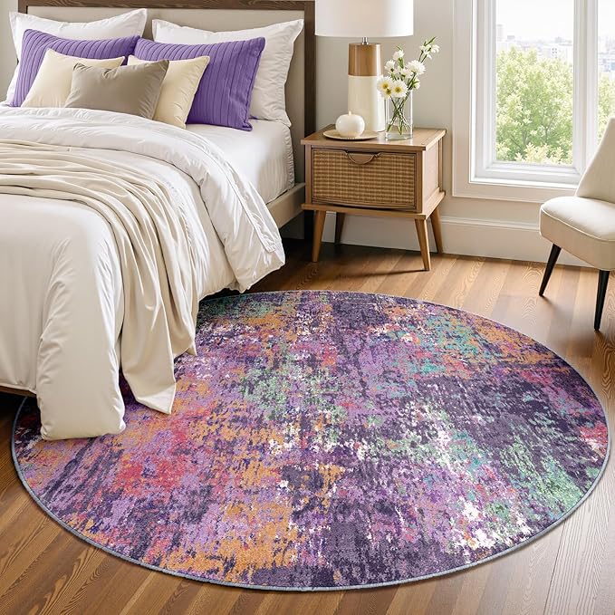 RELEANY Washable Area Rugs 4ft Non-Slip Modern Abstract Soft for Living Room Entryway Bedroom Nursery, Print Pattern, Purple Orange Blue Green Rust Red Colorful