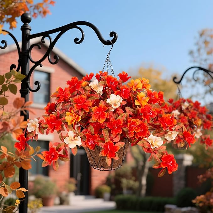 Ammyoo Fall Flowers with Hanging Basket Artificial for Decoration, Fake Silk Rhododendron Flowers for Outdoors, UV Resistant No Fade Floral for Home Garden Balcony Porch Patio Wedding Party Decor
