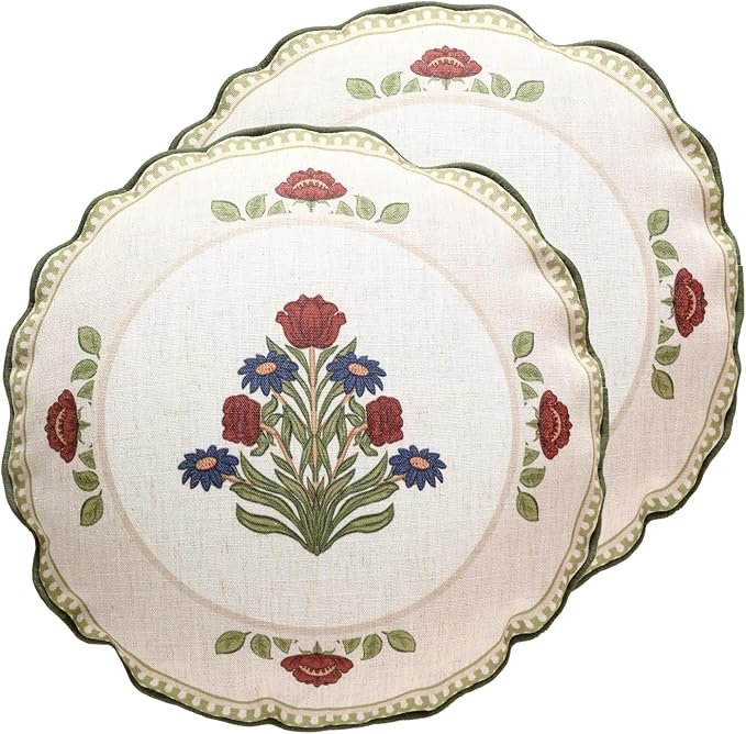 ISAENNE Elegant Linen Throw Pillow Cover,Set of 2,Diameter 16"-Estonia E | Designer Vintage Round Pillow Cover,Concealed Zipper Design,Floral Pattern,Sofas,Bedroom,Living Room,Lounge Chairs