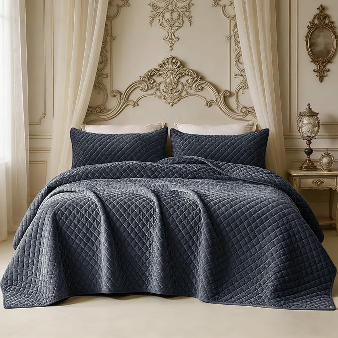 Velvet California King Quilt Size Set 106x118 Luxury Soft Bedspread Coverlet 3-Piece King Comforter Sets with 2 Pillow Shams 20x36 Super Cozy for All Seasons Velvet Bedding Set, Blue Gray