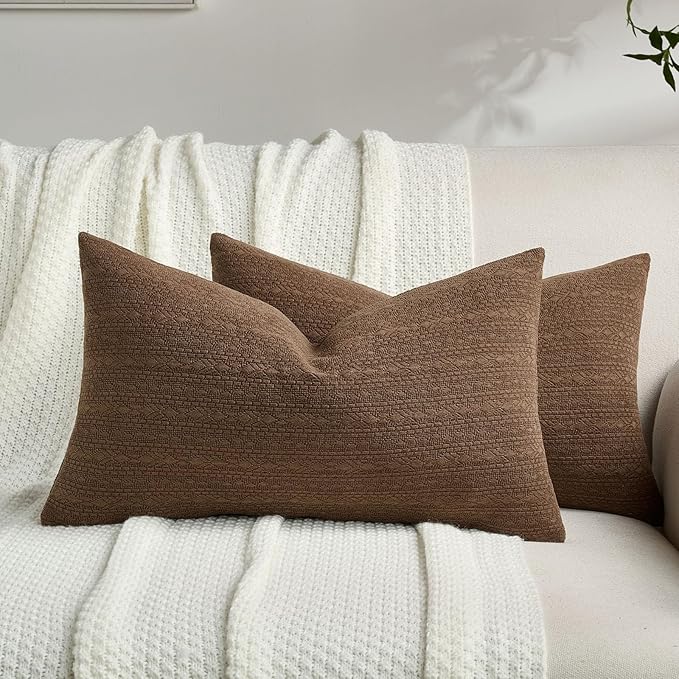 FUTEI Dark Brown Chenille Throw Pillow Covers 12x20 Inch Set of 2,Soft Striped & Diamond Textured Lumbar Pillow Cases,Modern Home Decor for Couch Living Room