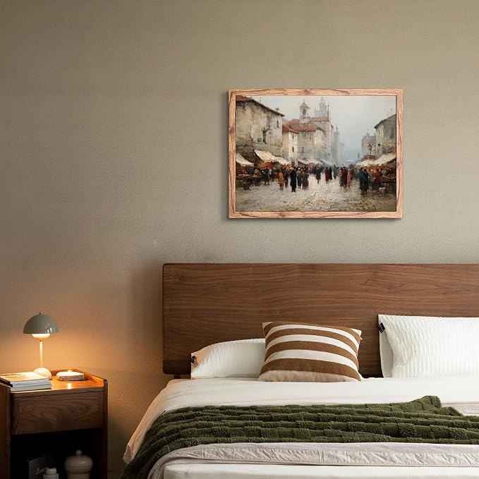 KBBYT Large Framed Wall Art Old Town Square Marketplace Scene Poster Canvas Print Vintage Painting Antiques Pictures Wall Decor for Living Room Apartment Office Home Decoration 24x36inch Wood Framed