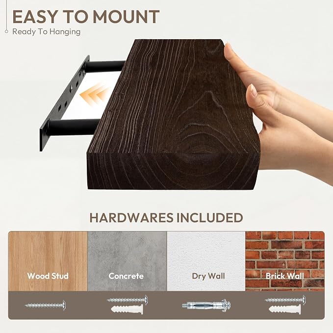 Marsmiles 48 inch Floating Shelves for Wall Elm Wood Live Edge Shelves Wall Mounted|Rustic Long Floating Shelves with Invisible Bracket for Bathroom Living Room Kitchen|Walnut, 1 Pack