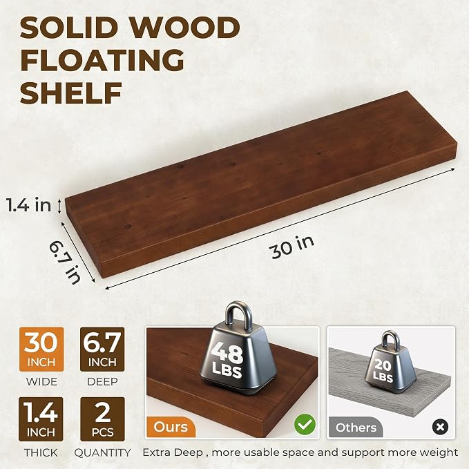 30 inch Floating Shelves for Wall, High End Solid Real Wood Floating Shelf with Heavy Duty Invisible Bracket 30in Long Wooden Wall Shelves for Living Room, Bedroom, Kitchen, Bathroom, Set of 2, Walnut