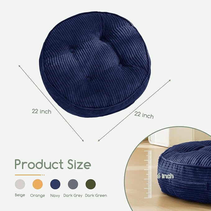 HIGOGOGO 6" Extra Thick Floor Pillow Cushion for Adults, Meditation Cushion Pillow, Large Round Floor Sitting, Tufted Corduroy Cover, for Tatami Living Room or Yoga, 22x22 Inch, 2Pack, Navy