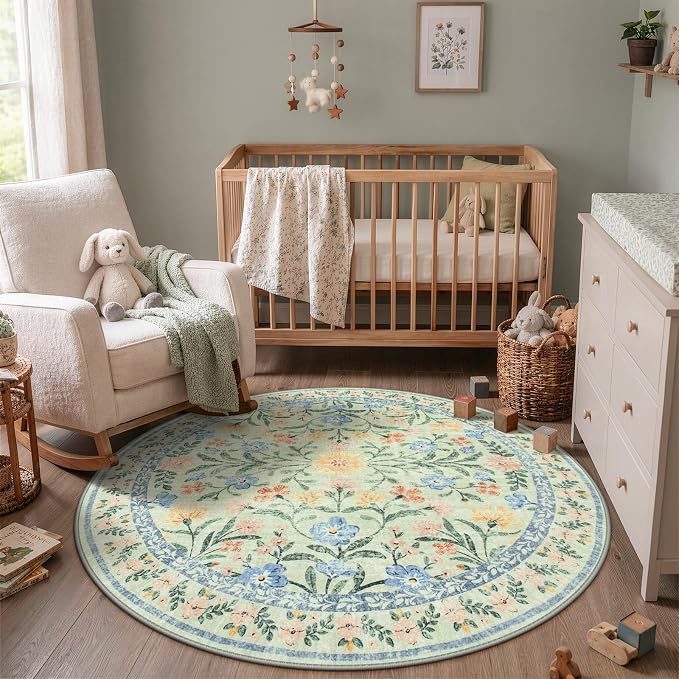 Wonnitar Washable Round Area Rug, 5ft Green Floral Round Rug Boho Soft Circle Carpet, Non Slip Low Pile Circle Accent Carpets for Kitchen Living Room Entryway Bedroom