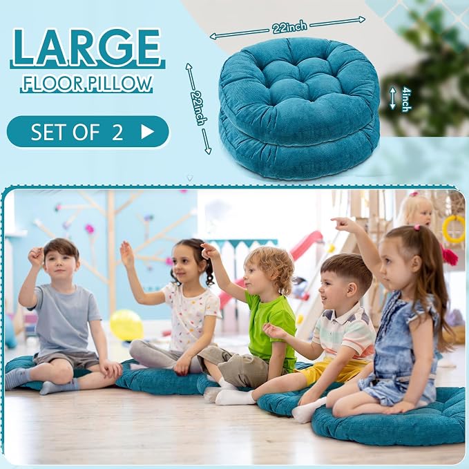 Jerify 2 Pcs Floor Pillow Cushions Large Round Square Large Meditation Floor Pillow for Classroom Adult Meditation Picnic Party Seating Learning Daycare School (Round,Aquamarine)