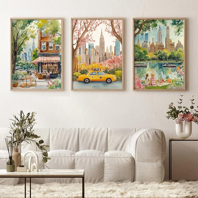 SYYANKK Watercolor New York City Wall Art NYC Canvas Wall Decor NYC Painting New York Landmarks Poster Travel Wall Art Central Park Artwork for Bedroom Living Room 12x16 Inch Unframed Set of 3