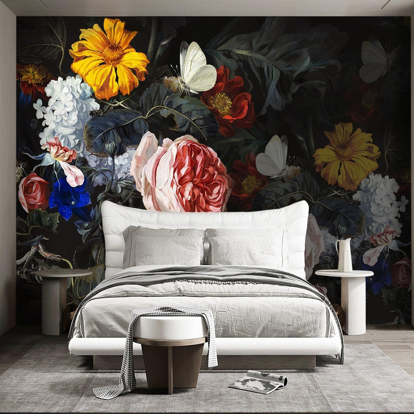 Vintage Black Flowers Mural Bedroom Peony Floral Wallpaper Room Decor Living Room tv Background Large Wall Mural - 91"x65" (Not Peel and Stick)