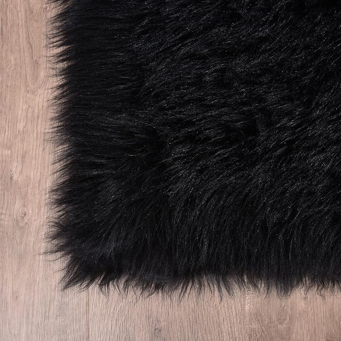 Goolela Black Sheepskin Area Rug 8x10 Fluffy Fuzzy Furry Shag Carpet for Living Room Bedroom Faux Fur Plush Rectangle