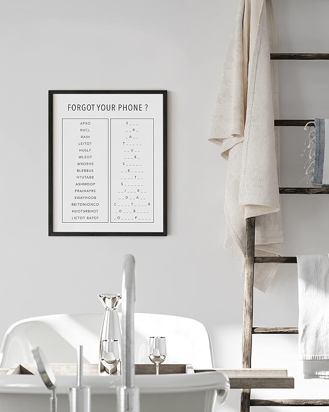 HAUS AND HUES Funny Bathroom Decor & Signs | Modern Black Framed Unscramble Wall Art, Black and White Guest Bath or Powder Room Decor | 16"x20"