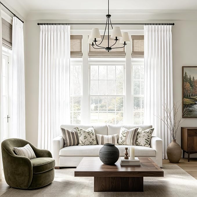 Triple Pinch Pleat Linen Curtains White 92 inches Long Memory Shape Light Filtering White Pleated Drapes Track System Back Tab Textured Drapery Panel Modern Minimalist Farmhouse Living Room Decor