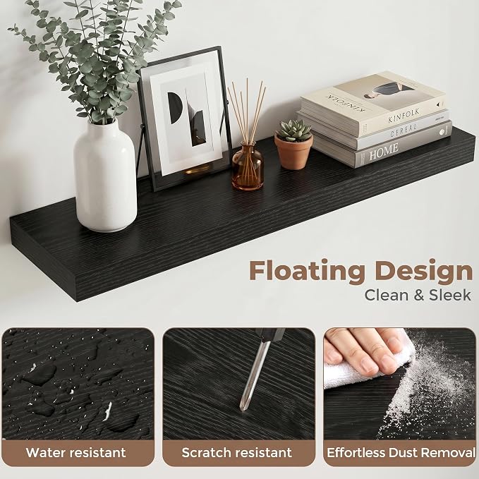 32 Inch Floating Shelves for Wall, 8"D Wood Storage Shelves, Black Finish | Engineered Wood, Invisible Bracket, Large Storage, Easy Install, Hold Up to 55lbs, Living Room, Bathroom, Bedroom, Kitchen