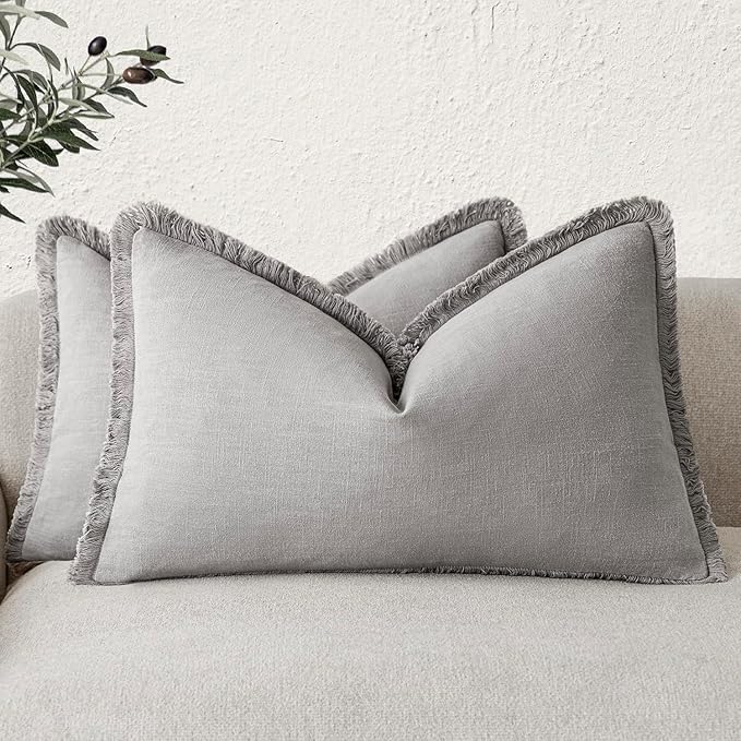 Foindtower Set of 2 Decorative Linen Fringe Lumbar Throw Pillow Covers Farmhouse Cushion Cover with Tassels Accent Pillowcase for Couch Sofa Bed Living Room Home Decor,12×20 Inch,Light Rustic Gray