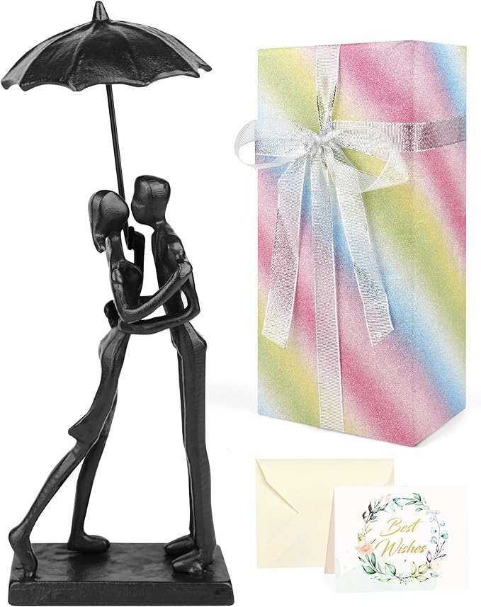 Kresecioo Anniversary for Couple/Her, Affectionate Couple Statue Kissing Under Umbrella, Handcrafted Cast Iron Sculpture in Love, Wedding Gifts 6th Anniversary Mothers Day Love Gifts for Wife