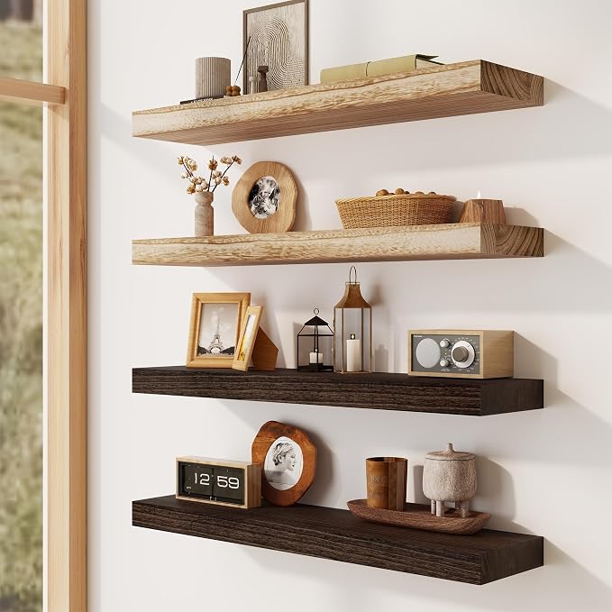 Solid Wood Floating Shelves for Wall 48"W x 8"D x 1.56"H Set of 2, Deep Wall Shelves for Living Room Bedroom Bathroom Kitchen Decor Storage with Invisible Heavy-Duty Metal Bracket, Rustic Brown