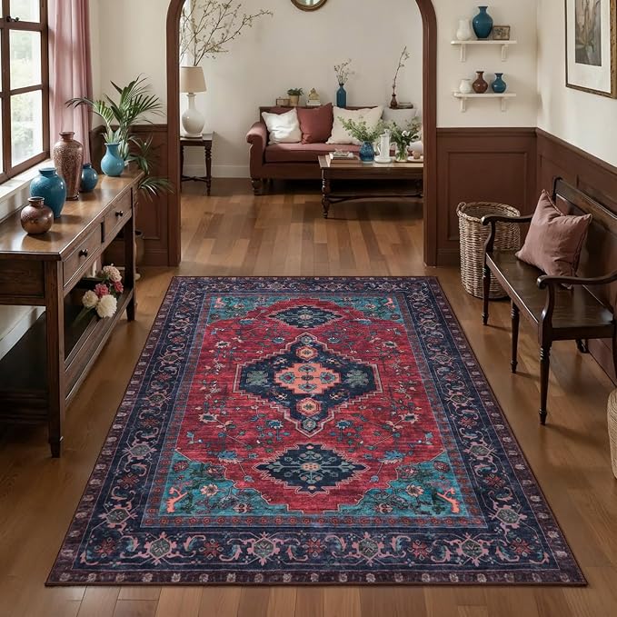 Tangsoo 3x5 Washable Rugs Oriental Area Rug, Vintage Non Slip Indoor Accent Rug, Print Distressed Carpet, Soft Low Pile Rug for Living Room Dining Bedroom Bedside Entryway Burgundy/Navy