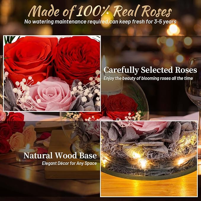 ENERLEAF Preserved Red Real Rose in Glass with Scented Candles–Forever Flower Romantic Anniversary Mothers Day Christmas Birthday Valentines Day Gifts for Her, Women, Wife, Girlfriend, Mom, Grandma