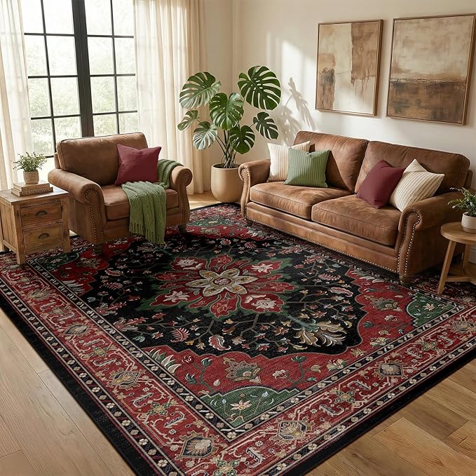 RELEANY Area Rugs 5'x7' Washable Non-Slip, Floral Vintage Distress Print Pattern Medallion Carpet for Living Room Bedroom Dining Room, Red Black