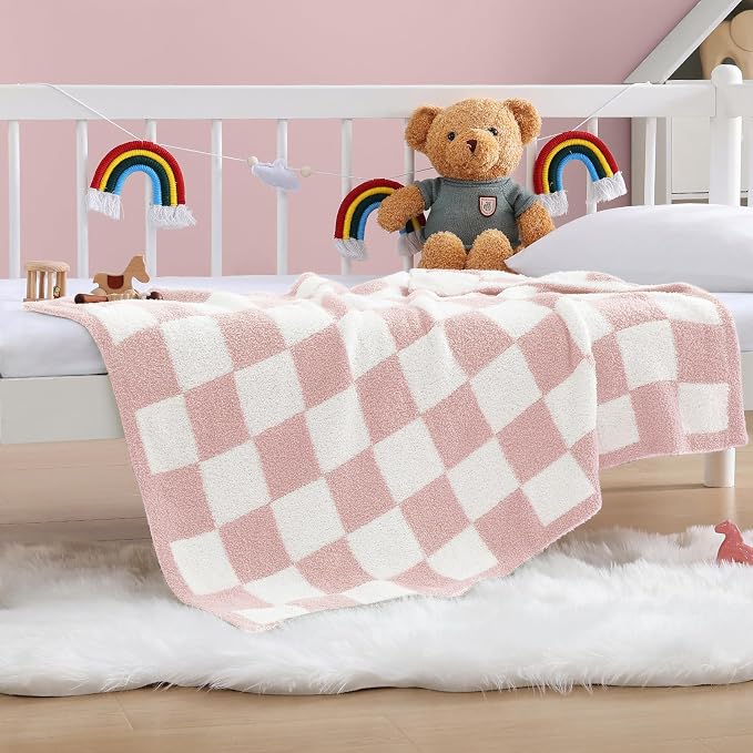 WRENSONGE Soft Checkered Throw Blanket for Couch-Cozy Warm Knitted Blankets | Lightweight Fluffy Decor for Boys & Girls, Sofa, Chair, Bed, 30x40in,Pink