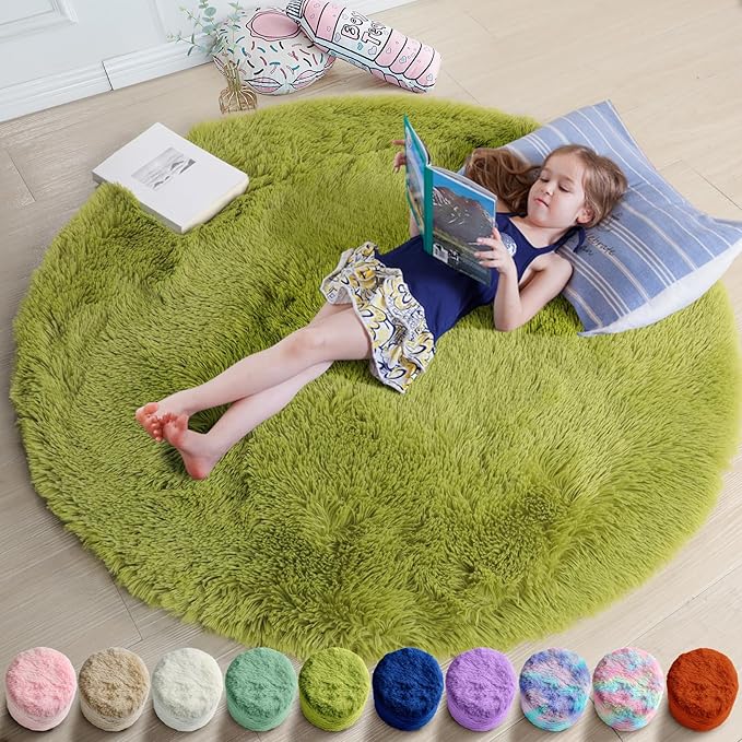 Grass Green Small Round Rug 3Ft for Bedroom, Fluffy Shag Circle Area Rugs for Kids Room Classroom Nursery, Cool Living Room Decor Aesthetic, Cute Fuzzy Moss Floor Circular Carpet for Preppy Dorm