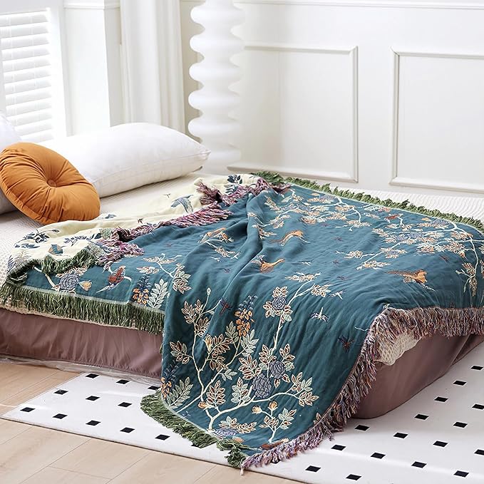 Snycler Boho Throw Blanket for Bed - 100% Cotton Ultra Soft Rustic Quilt Blanket Green Floral Bird Printed Farmhouse Decor Bed Blankets, 80"×90" All Season Rustic Throw for Sofa Chair Couch