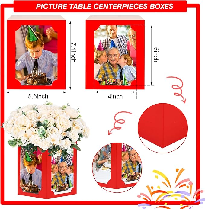 12 Pcs Picture Centerpieces for Table - 6 Inch Photo Display Frame & Hollow Picture Props Box for Christmas, Wedding, Birthday Party Table Decoration (Red)
