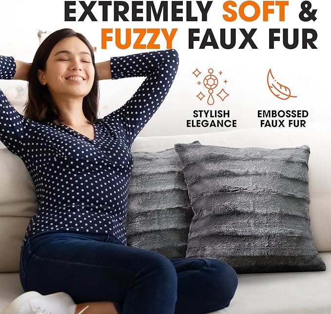 Cheer Collection Faux Fur Throw Pillows - Decorative Pillows for Couch, Bed Throw Pillows, Grey Accent Pillows for Bedroom or Living Room Aesthetic, Set of 2 Furry Throw Pillows, 26" x 26"