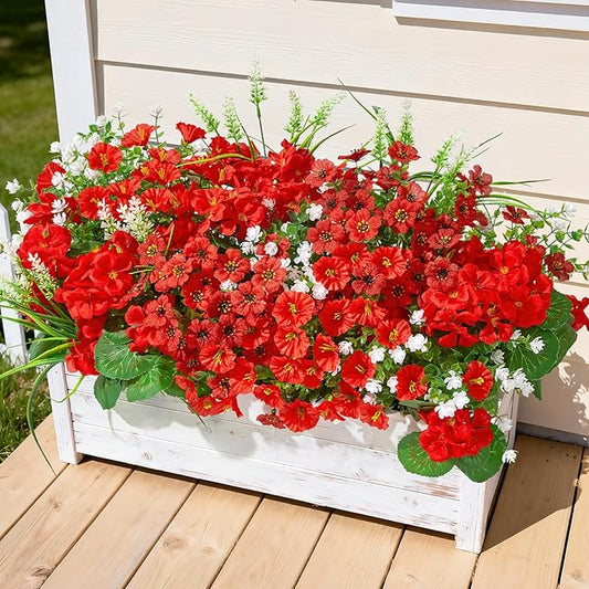 16 Bundles Artificial Flowers for Outdoors, UV Resistant Silk Faux Flowers for Outside Planters,Garden,Porch,Yard,Home Decor(Red)