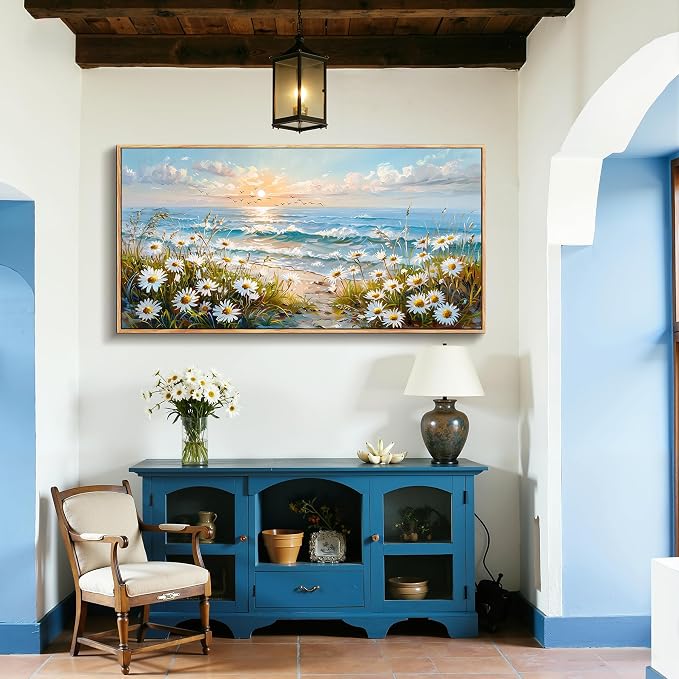 imjiayu Beach Wall Art, Oversized Wall Art, Coastal Wall Decor, Large Landscape Framed Art, Nature Seaside Painting Prints, Beachy Daisy Pictures for Living Room Dining Room Office Farmhouse 29"x57"