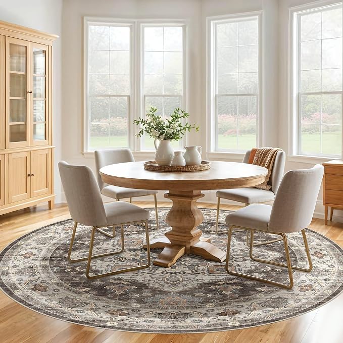 Round Rug Living Room Rugs: 7x7 Washable Boho Neutral Large Circle Soft Indoor Floral Stain Resistant Floor Farmhouse Carpet for Bedroom Nursery Kids Playroom Office Dining Room Dorm- Grey Brown
