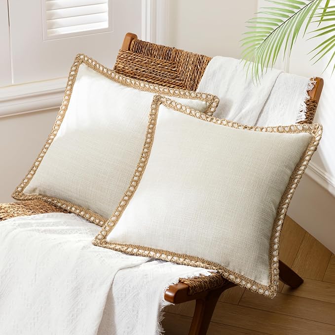 Phantoscope Pack of 2 Farmhouse Decorative Solid Throw Decorative Pillow Cover Burlap Linen Trimmed Tailored Edges Off White 26 x 26 inches, 65 x 65 cm