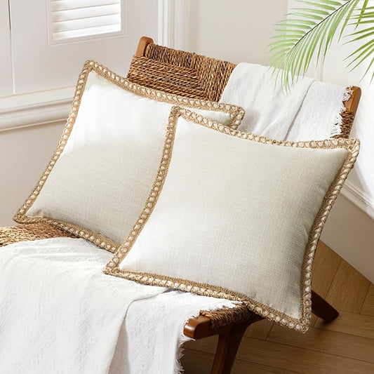 Phantoscope Pack of 2 Farmhouse Decorative Solid Throw Decorative Pillow Cover Burlap Linen Trimmed Tailored Edges Off White 26 x 26 inches, 65 x 65 cm