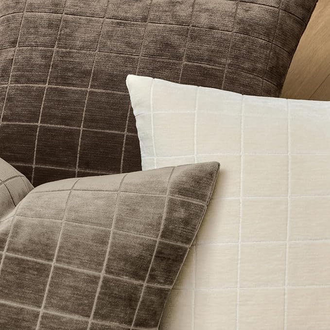 MIULEE Decorative Chenille Check Throw Pillow Covers Vintage Plaid Couch Pillows 22x22 Inch Set of 2 Neutral Boho Farmhouse Cushion Covers Modern Spring Home Decor for Sofa Bed Living Room Taupe Grey