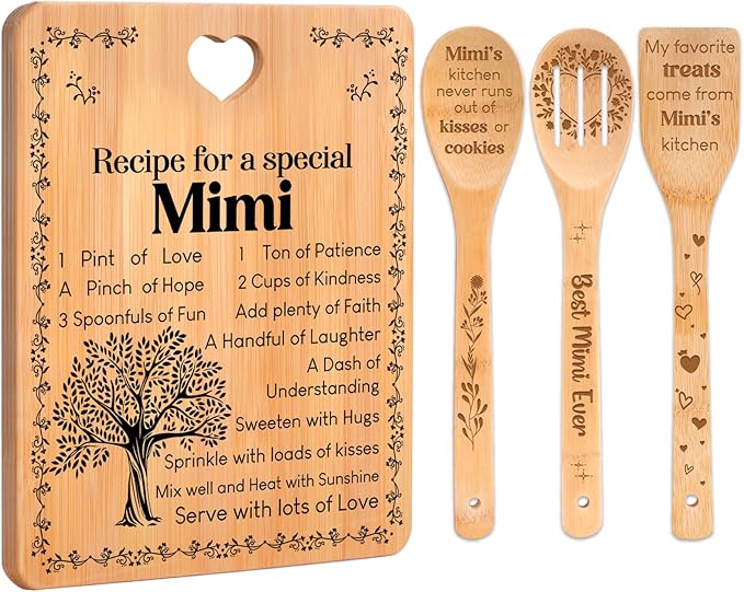 Mimi Gifts - "Recipe for a Special Mimi" Gift for Mimi Cutting Board Set, Bamboo-Made Engraved Utensil Set Best Mimi Ever Presents Cutting Board, Mothers Day Gifts for Mimi.