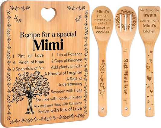 Mimi Gifts - "Recipe for a Special Mimi" Gift for Mimi Cutting Board Set, Bamboo-Made Engraved Utensil Set Best Mimi Ever Presents Cutting Board, Mothers Day Gifts for Mimi.