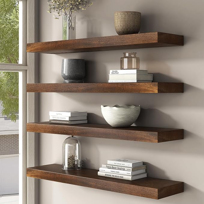Floating Shelves for Wall, USA-Sourced Walnut Wood 16 Inch Wall Shelves Set of 2, Natural Wooden Mounted Picture Ledge Shelf, Nursery Book Storage Shelf Kids Bookshelf Display, Shelf for Bathroom