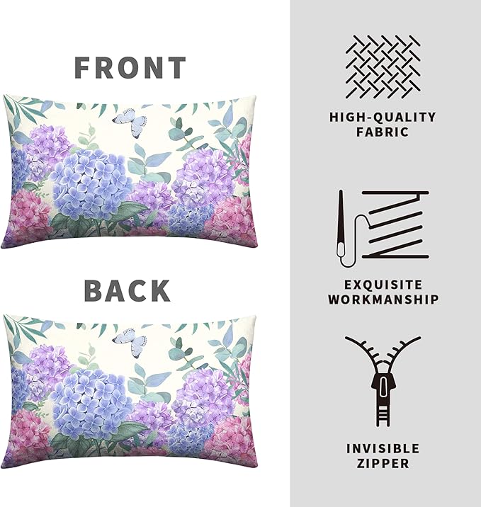 Hydrangea Lumbar Pillow Covers 12x20 Set of 2 Spring Flowers Outdoor Pillow Covers Blue Purple Hydrangea Eucalyptus Throw Pillowcase Cotton Linen Cushion Case for Sofa Outdoor Patio