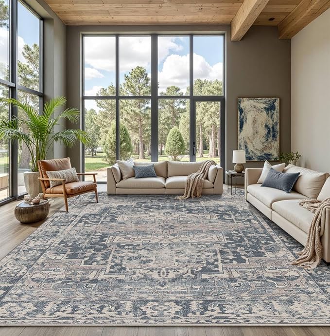 Rugxara 9x12 Area Rugs for Living Room Bedroom, Large Washable Rug, Blue Vintage Retro Boho Rug, Non Slip & Low Pile Faux Wool Thin Carpet for Indoor Dining Room and Kids Room(Blue 9x12ft)
