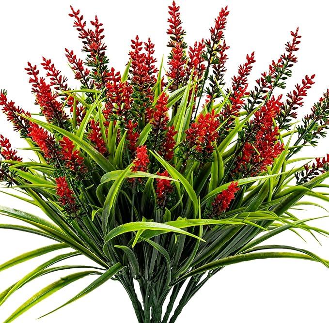 Nigirior Artificial Flowers for Outdoor Plants 24 Bundles Fake Lavender Plastic Faux Monkey Grass for Verandah Window Garden Office Patio Front Porch UV Resistant for Planter(Red)