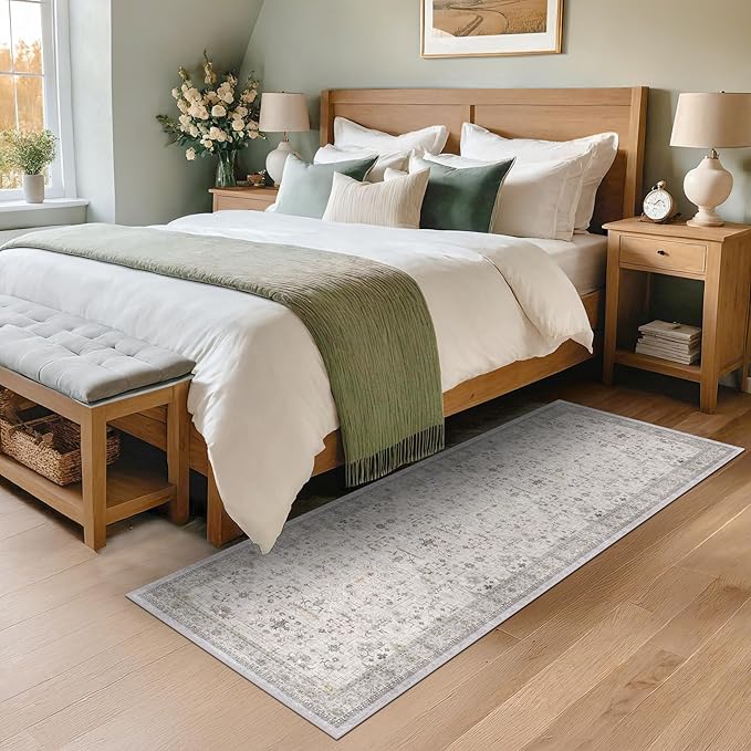 Hazo Haus Boho 2x5 Floral Bathroom Runner Rug - Washable Low Pile Runner Rugs for Laundry Room, Door Mat Indoor Entrance, Neutral Light Gray & Sage Geometric Decor & Stain Resistance