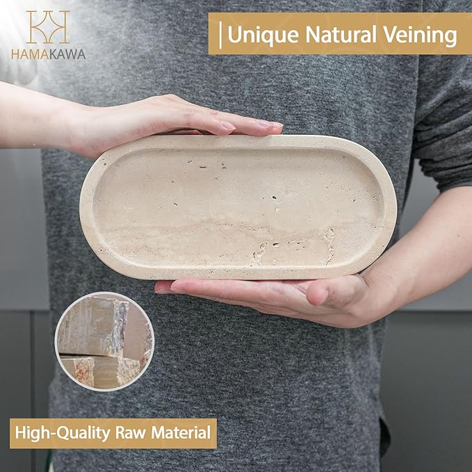 Turkish Natural Marble Vanity Tray, Oval Bathroom Tray 10 inch, Beige Travertine Perfume Trays, Vanity Organizer for Soap, Kitchen, Home Decor