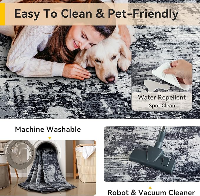 RELEANY Washable Area Rugs 2'x6' Non-Slip Modern Abstract Soft for Living Room Entryway Bedroom Nursery, Print Pattern, Black Navy Blue Gray
