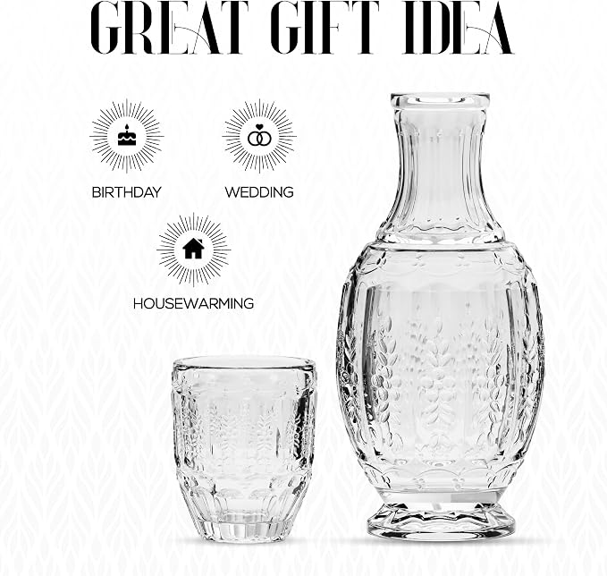 Elle Décor Vintage Bedside Water Carafe with Tumbler – Elegant Pitcher and Matching Drinking Glass Doubles As Lid For Guest Room, Office, or as a Gift, 4.7x10.4, Clear