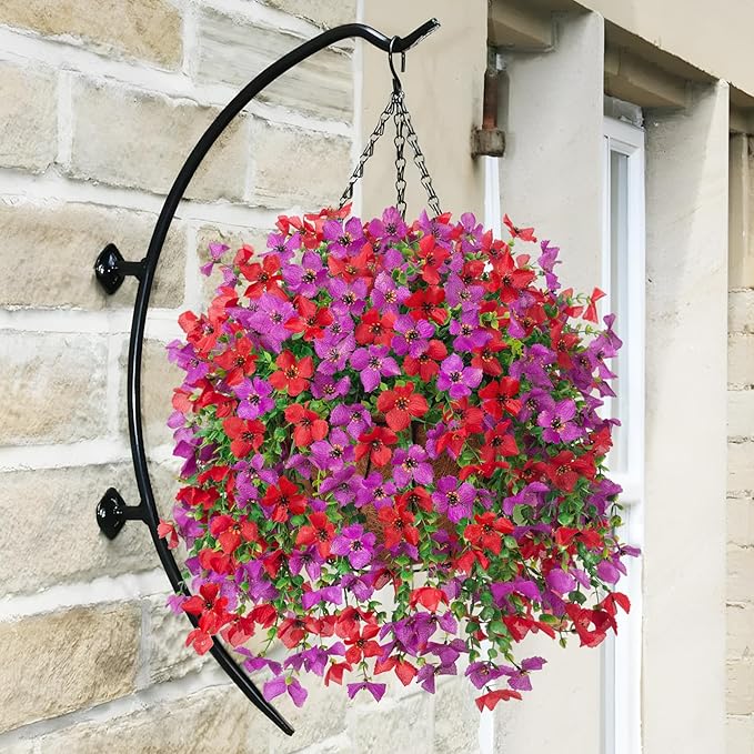 INXUGAO Artificial Hanging Flowers Plants with Basket for Outdoors, Realistic Faux Silk Daisy Flower Eucalyptus for Spring Decor, UV Resistant Fake Plants for Porch Patio Yard Balcony, Red Purple