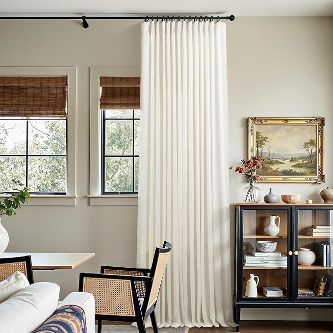 Large Window Natural Linen Curtains 144 Inches Long for Living Room Light Filtering Ivory Cream Drapes 12ft Extra Long for Patio Sliding Doors Semi Sheer High Ceiling Pinch Pleated Back Tab 2 Panels