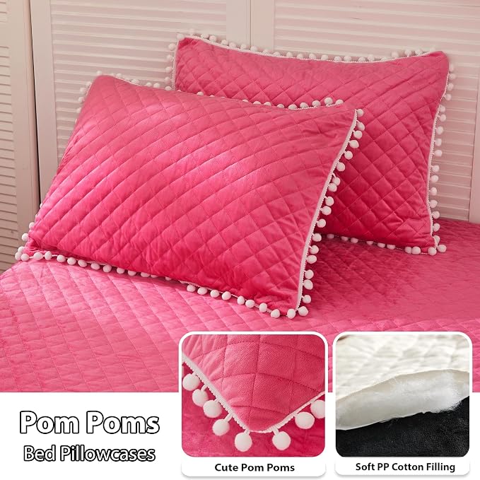 LIFEREVO Luxury Plush Shaggy Duvet Cover Set, Soft Velvet Fluffy Duvet Cover Furry Bedding Comforter Set(1 Faux Fur Fuzzy Duvet Cover + 2 Pompoms Pillow Cases), Zipper Closure(Full/Queen, Hot Pink)