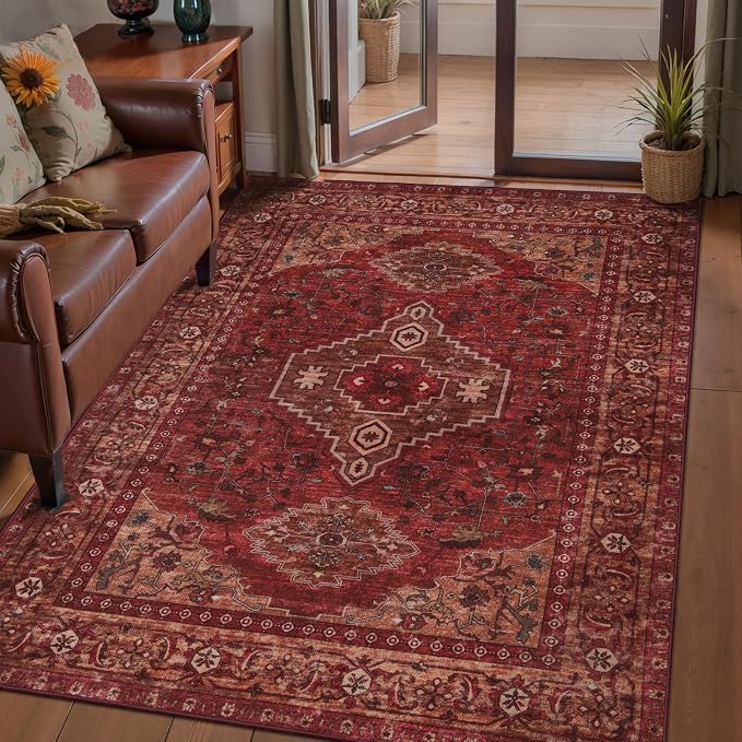 Tangsoo Red Vintage 4x6 Washable Area Rug, Oriental Non Slip Machine Washable Large Rugs, Boho Soft Print Distressed Dark Red Carpet for Living Room Bedroom Dining Room Dorm Office Home Decor