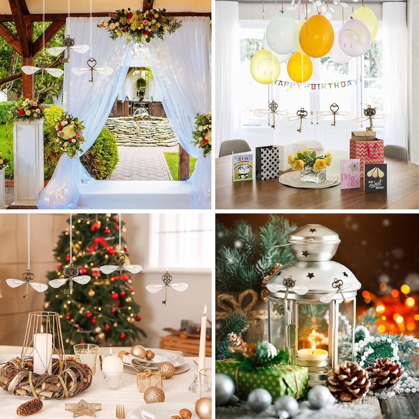 SANNIX 30 PCS Vintage Skeleton Keys Flying Keys with 30 Pairs Dragonfly Wings and 30 Yards Elastic String for Party Decorations