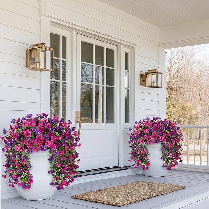 Ivydale 2 PCS Artificial Hanging Flowers Fake Plants Outdoor,Silk Morning Glory Faux Flowers with Eucalyptus Leaf,UV Resistant Realistic Hanging Petunias Plants for Home Garden Decor (Purple+Fuchsia)